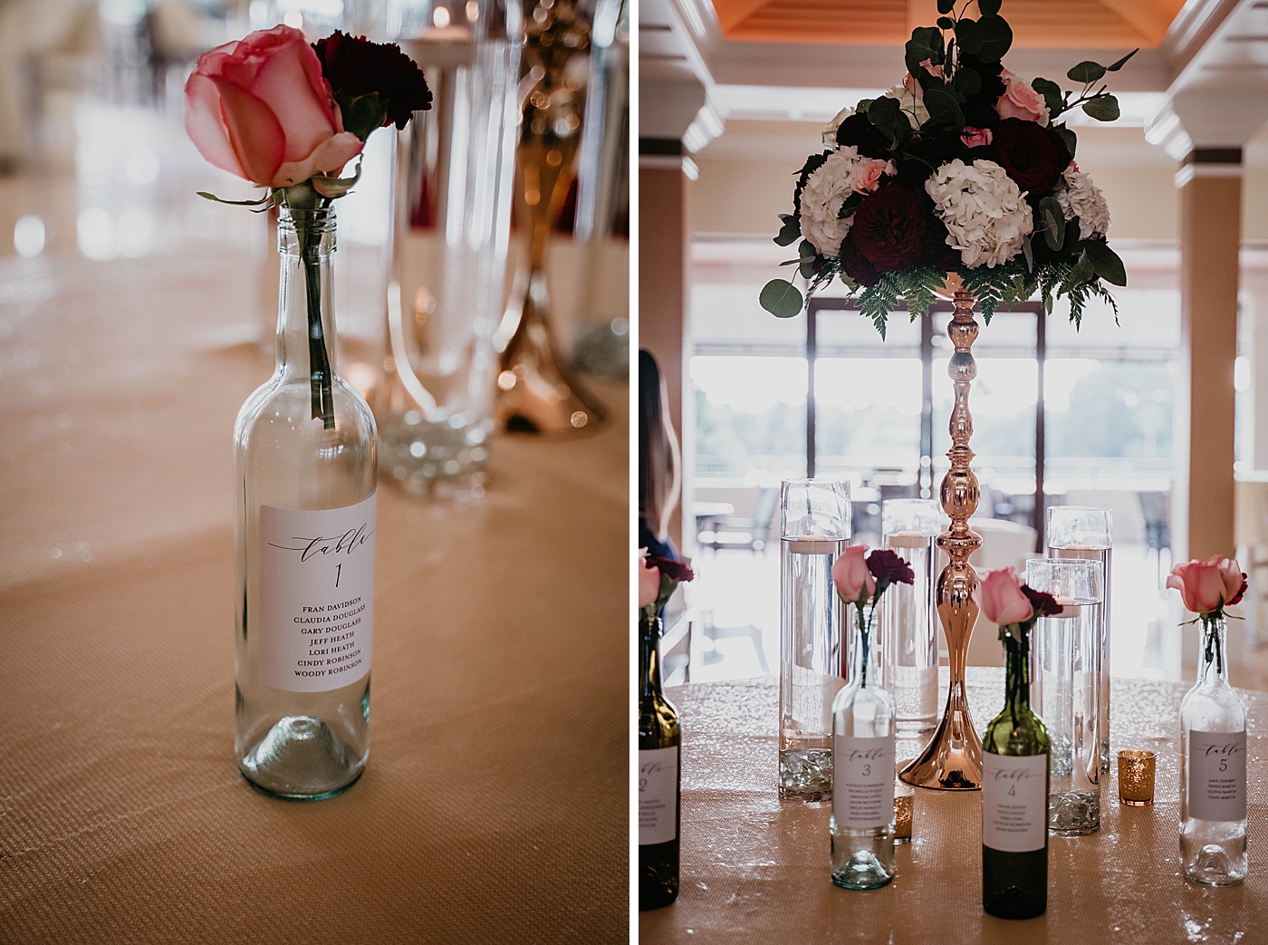 Detail shot of Reception table with wine bottles with red and pink flowers in them and big red accent bouquet centerpiece Romantic Winter Wedding captured NYC Wedding Planner Poppy and Lynn