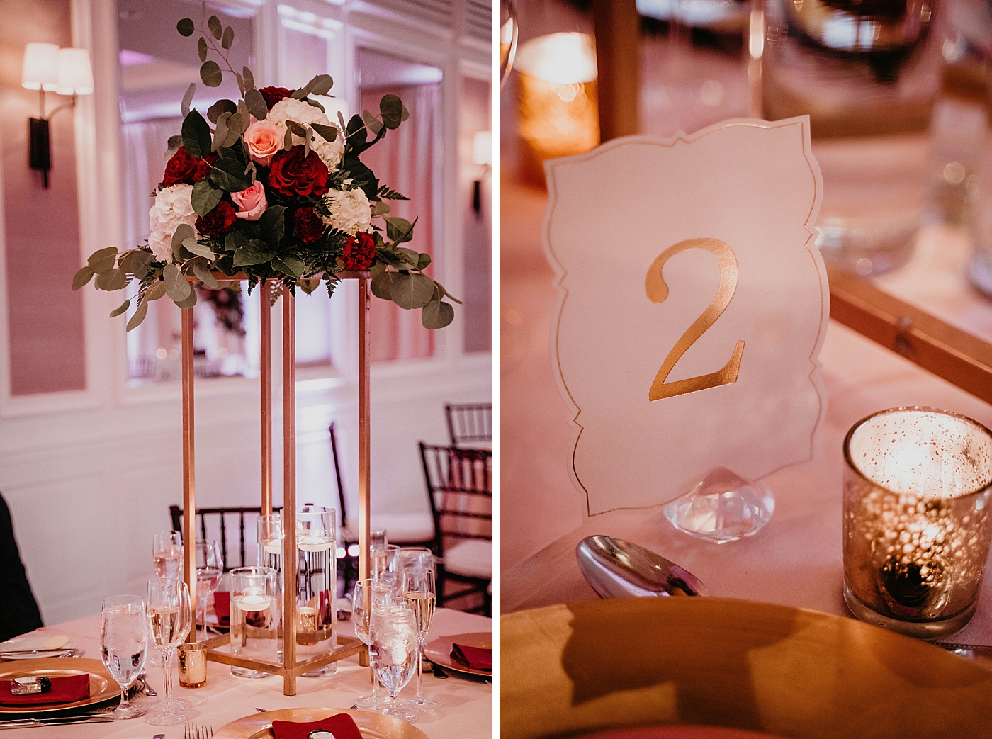 Reception detail shot of red pink white flower bouquet centerpiece and gold print table numbers Romantic Winter Wedding captured NYC Wedding Planner Poppy and Lynn