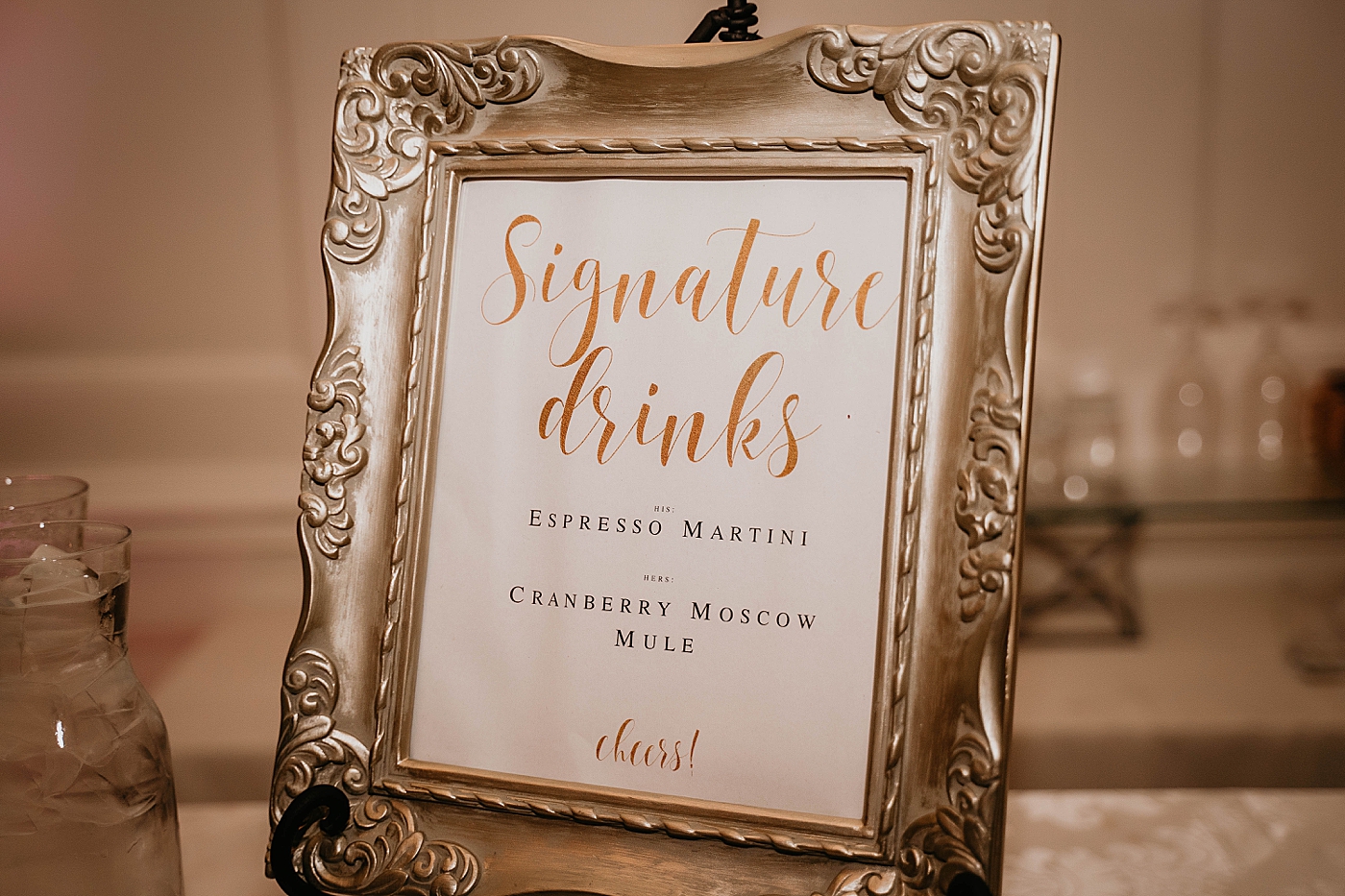 Detail shot of framed couple signature drinks espresso martini Moscow mule cocktail hour bar Romantic Winter Wedding captured NYC Wedding Planner Poppy and Lynn