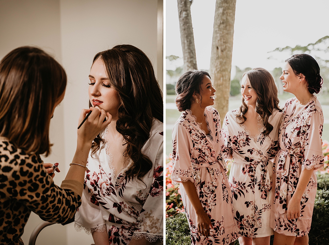 Getting Ready Bride getting makeup done with Bridesmaids in black and pink floral silk robes Romantic Winter Wedding captured NYC Wedding Planner Poppy and Lynn