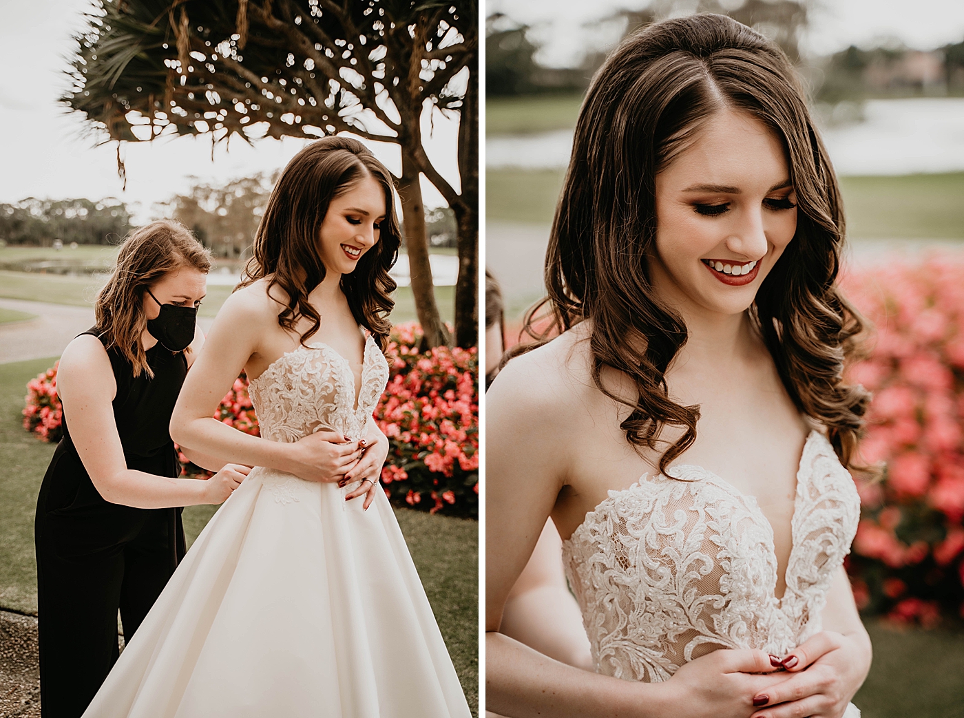 Bride Getting Ready with dress on getting help from mask on wedding planner staying safe outside by pink flower patch Romantic Winter Wedding captured NYC Wedding Planner Poppy and Lynn