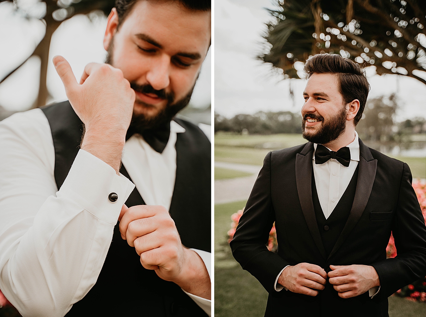 Groom getting ready adjusting sleeve cuff and getting jacket on outside golf course Romantic Winter Wedding captured NYC Wedding Planner Poppy and Lynn