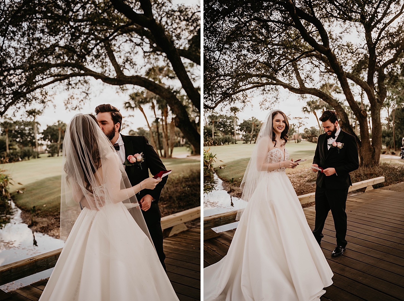 Bride and Groom reaction to first look kissing on the bridge outside golf course Romantic Winter Wedding captured NYC Wedding Planner Poppy and Lynn
