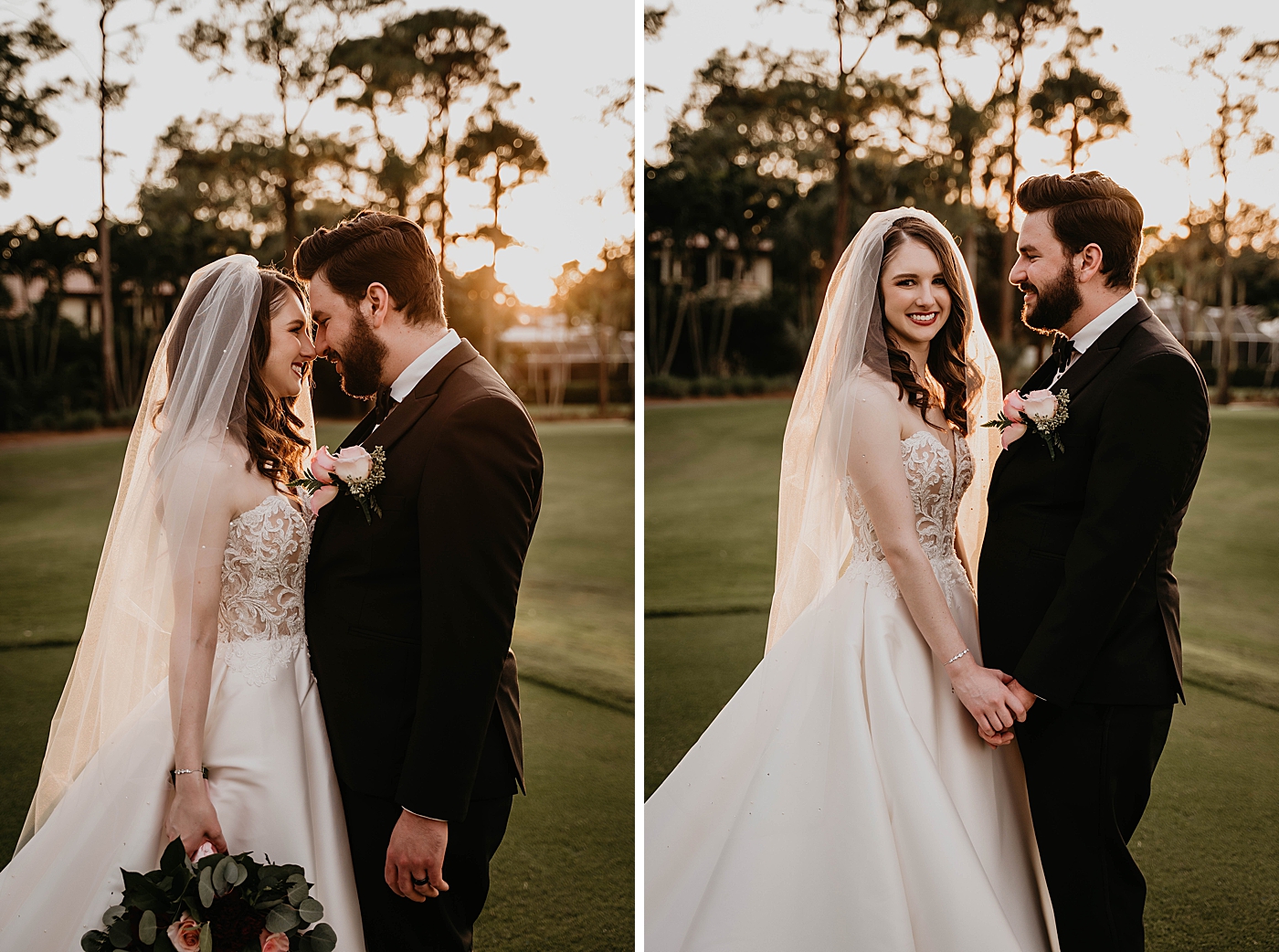 Bride and Groom looking at each other on the fairway with sun setting Romantic Winter Wedding captured NYC Wedding Planner Poppy and Lynn