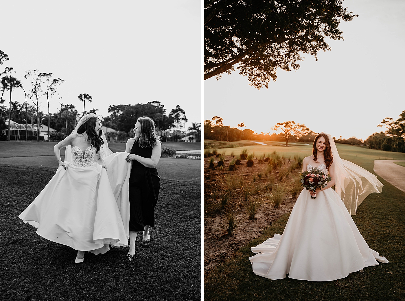 B&W of Wedding Planner helping Bride walk on Golf Course holding dress train and portrait of Bride on the fairway as the sun sets Romantic Winter Wedding captured NYC Wedding Planner Poppy and Lynn