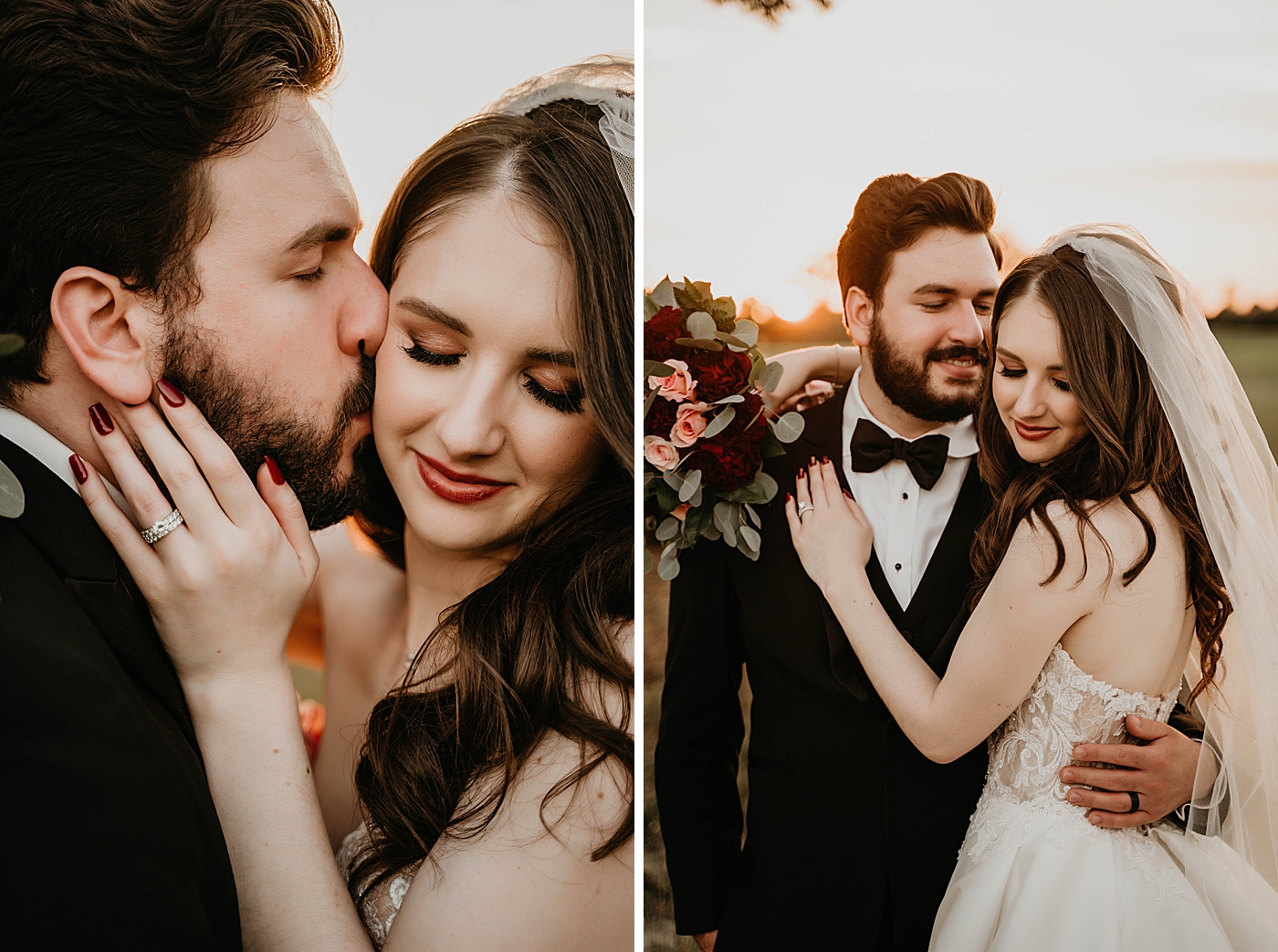 Closeup portrait of Groom kissing Bride on cheek and Bride holding Groom and red bouquet as the sun sets Romantic Winter Wedding captured NYC Wedding Planner Poppy and Lynn