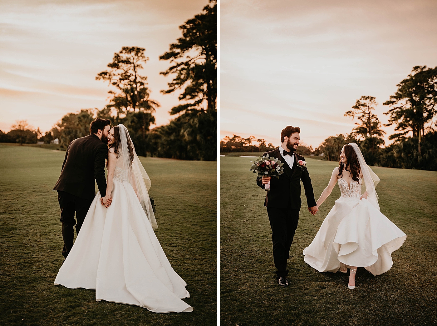 Groom kissing Bride on her cheek with backs turned and walking together on golf course fairway with Groom holding Bride's Bouquet sunset Romantic Winter Wedding captured NYC Wedding Planner Poppy and Lynn