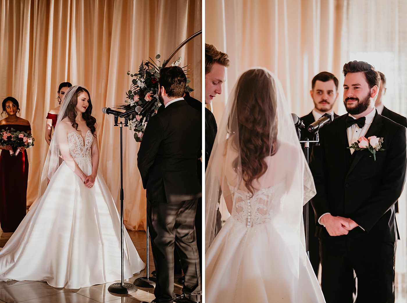 Portrait of Bride and Groom looking at each other during homily ceremony Romantic Winter Wedding captured NYC Wedding Planner Poppy and Lynn