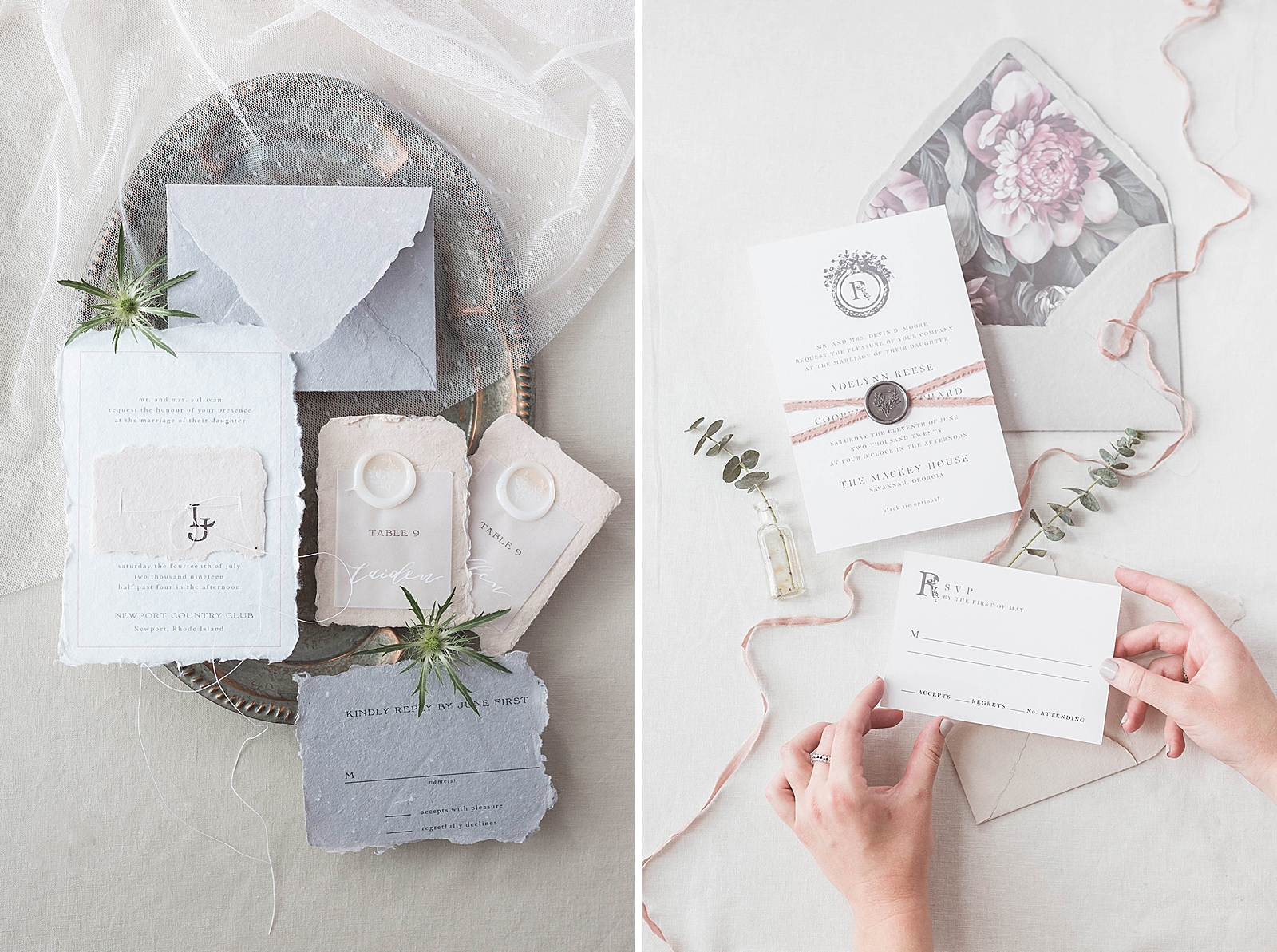 Pastel fine art wedding invitations and stationary displayed in a flat lay 