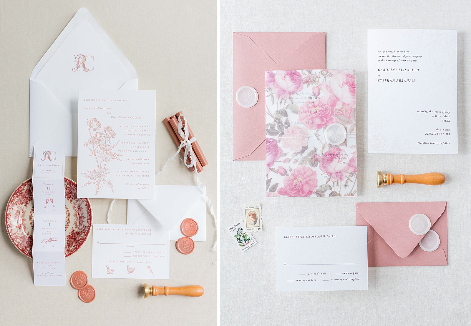 Light pink and white fine art wedding invitations and stationary displayed in a flat lay 