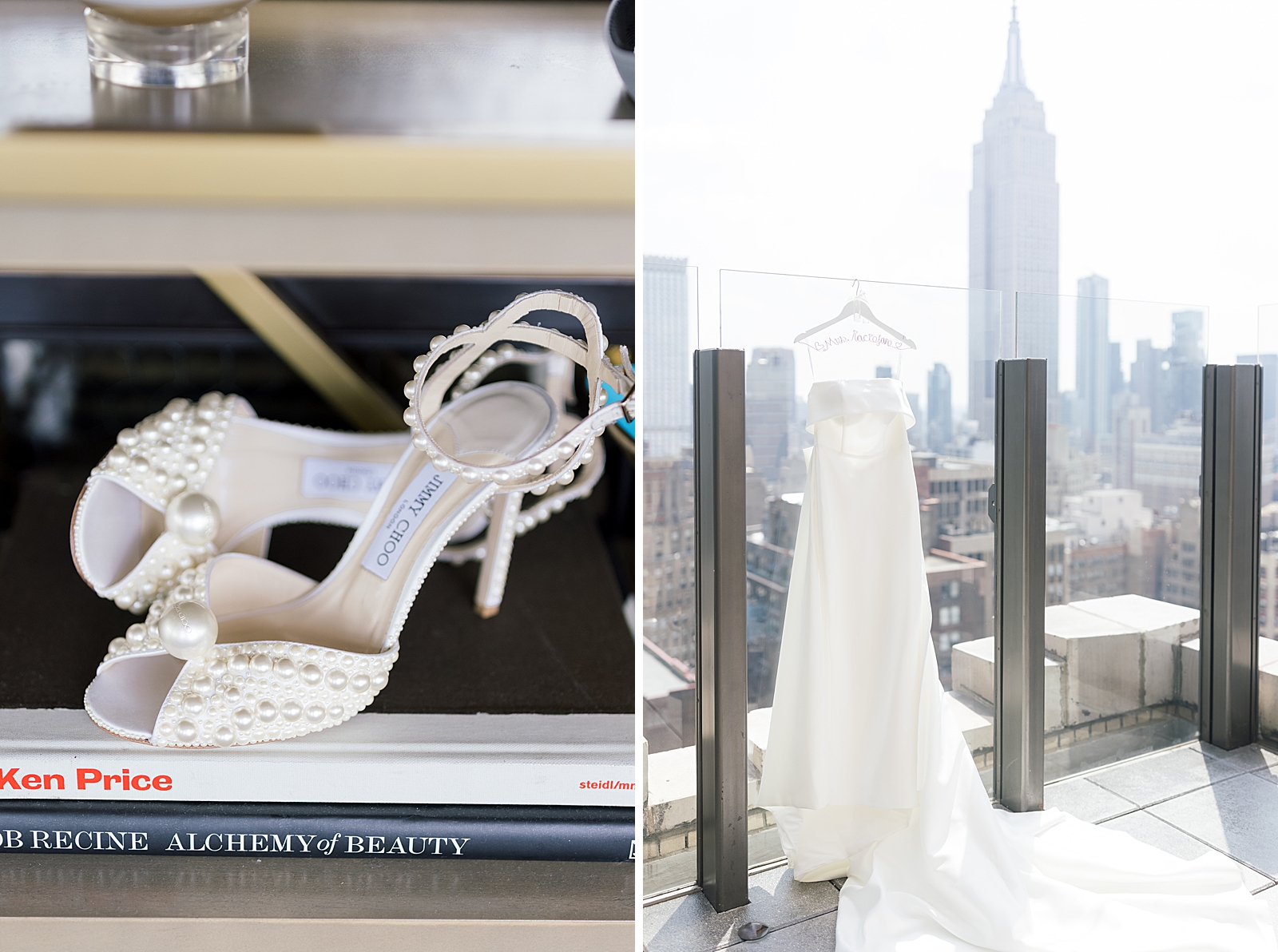 Detail shot of pearl heels and wedding dress hanging on rooftop of Midtown Manhattan