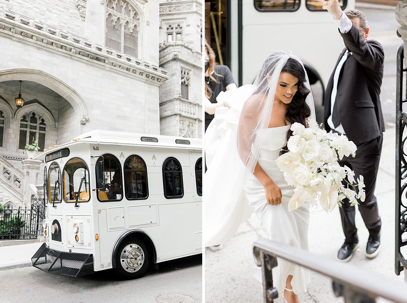 Trolley coming up to church and Bride entering church