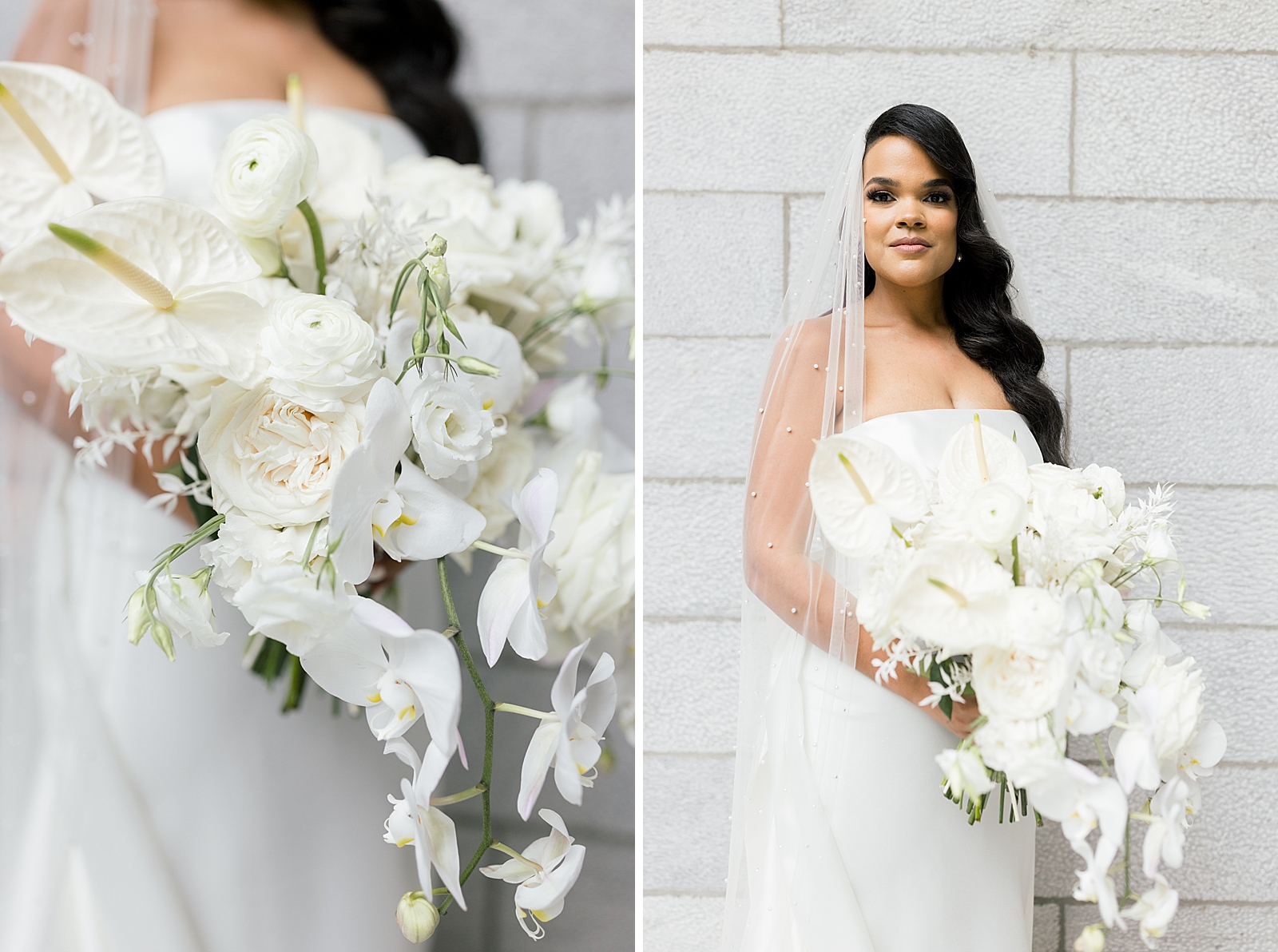 Bride with white bouquet against white brick wall