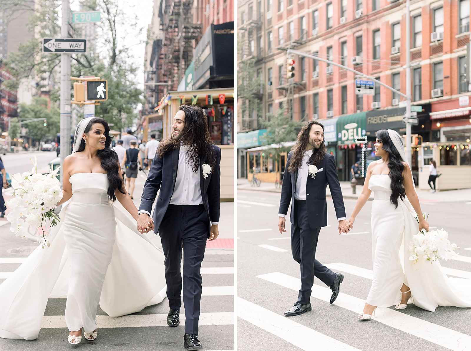 Bride and Groom holding hands walking across New York City intersection and looking at each other