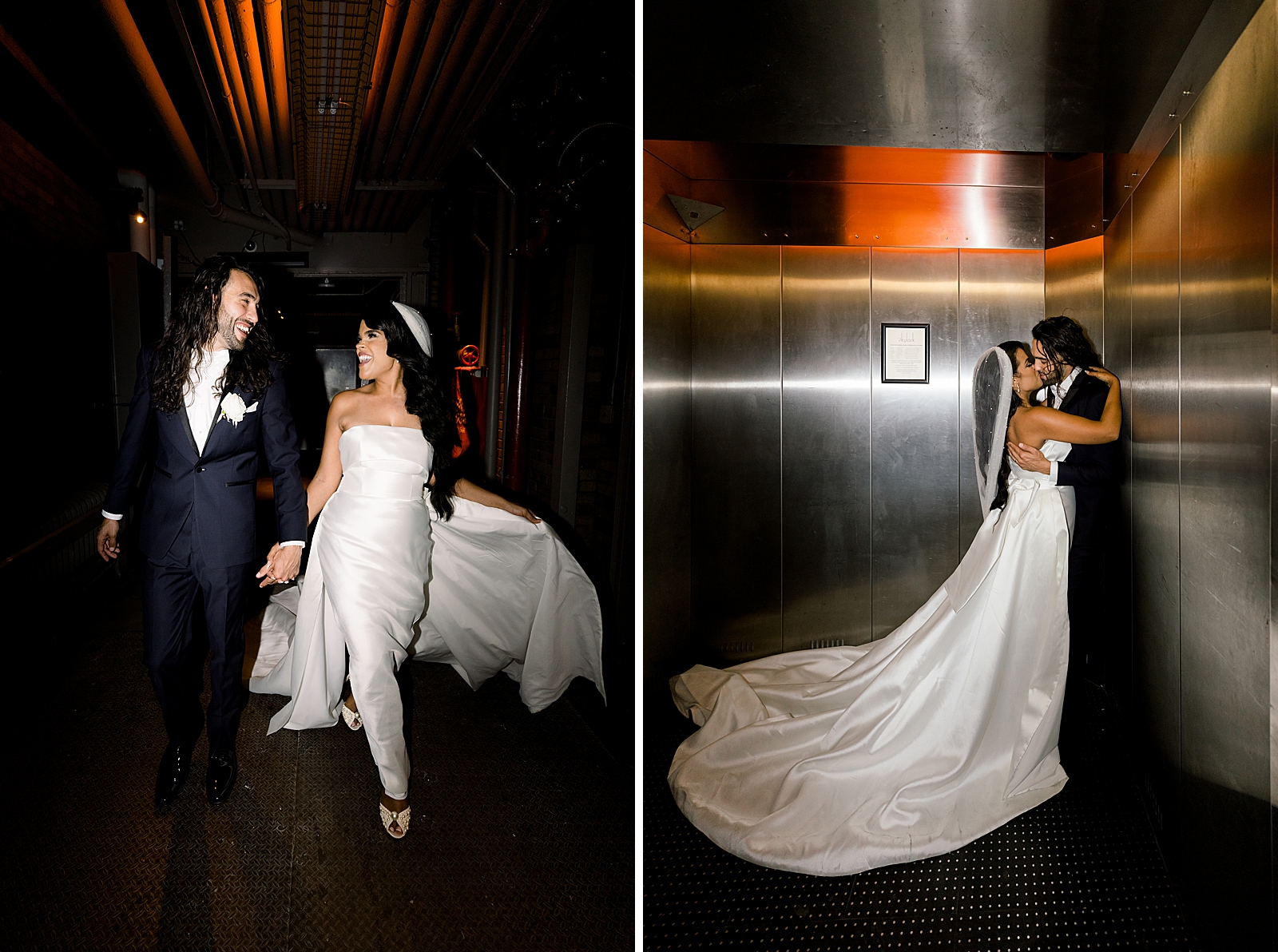 Bride and groom walking in dark hallway together and kissing in elevator