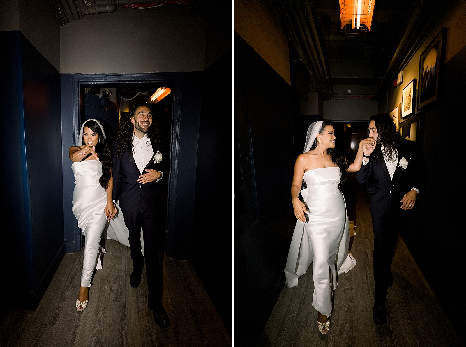 Bride and groom entering Reception area together and Groom kissing her Bride's hand