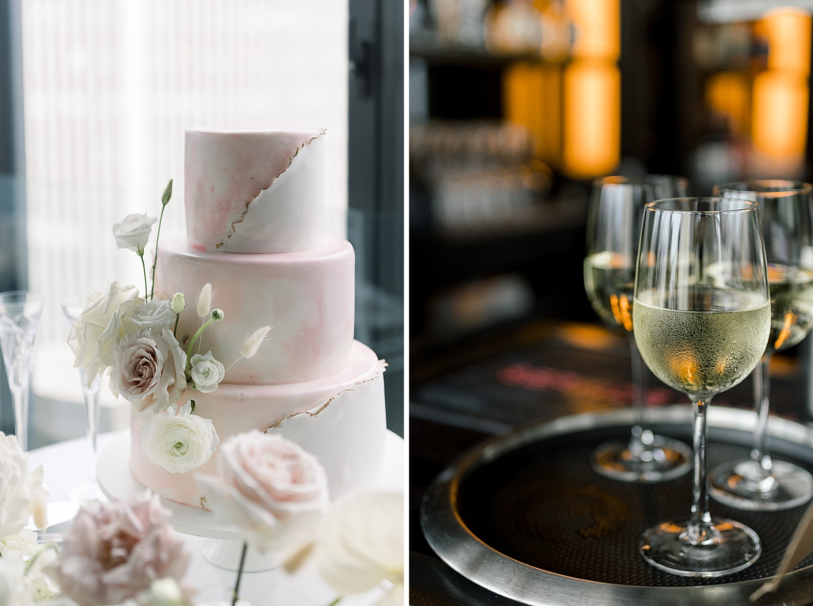 Detail shot of white 3 tier wedding cake and white wine glasses