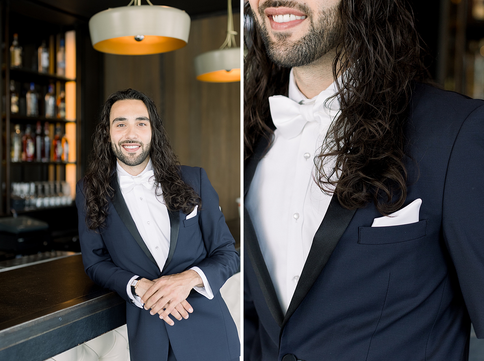 Groom in suit after getting ready leaning on bar