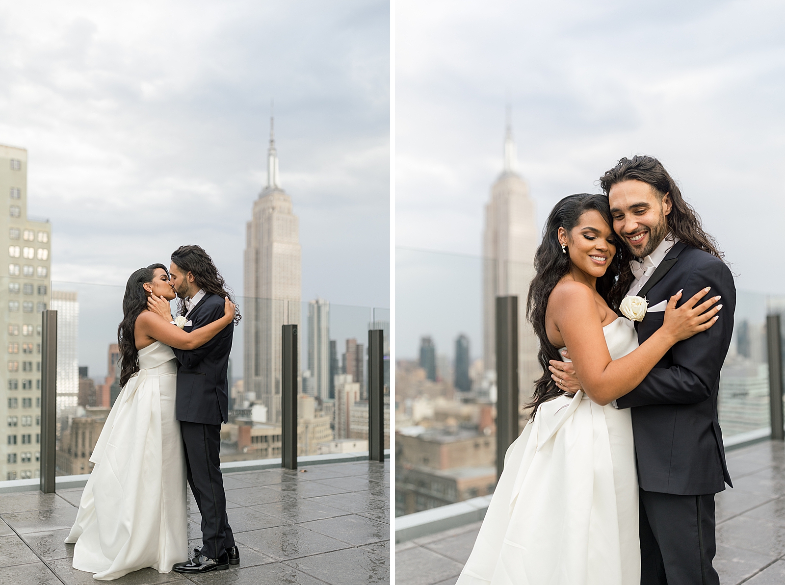 Bride and Groom kissing on rooftop in front of Empire State Building