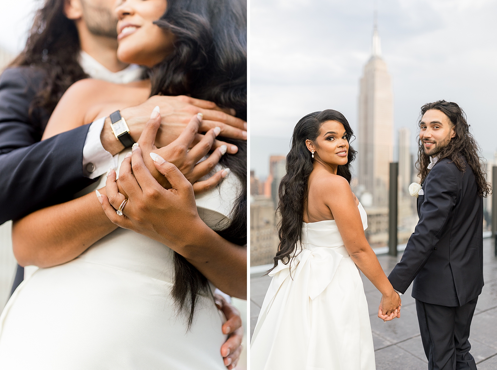 Closeup of Groom holding Bride from behind on rooftop with Manhattan views