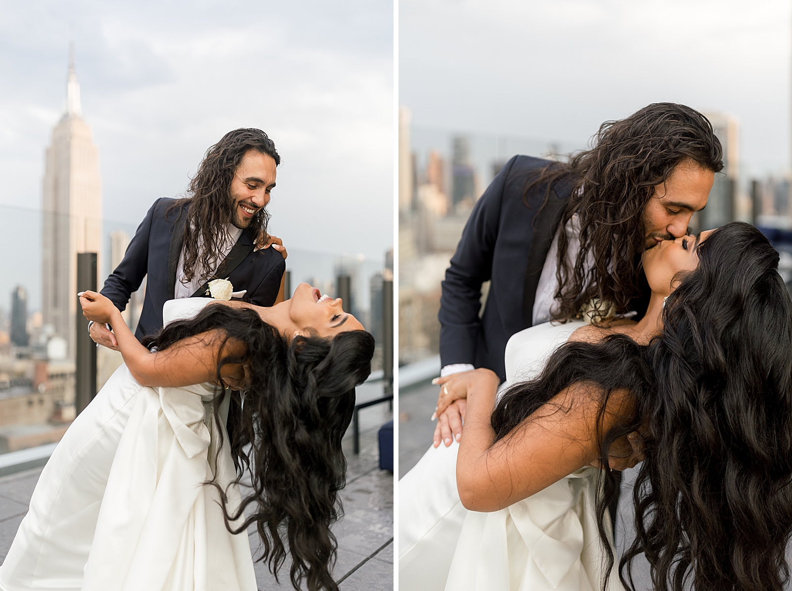 Bride dipping in Groom's arms and kissing on rooftop by the skyscrapers