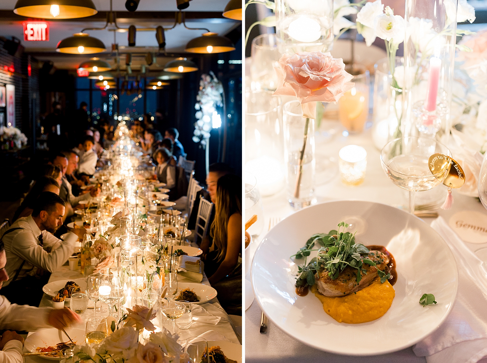 Long shot of long rectangular table with wedding guests eating and detail shot of polenta with chicken