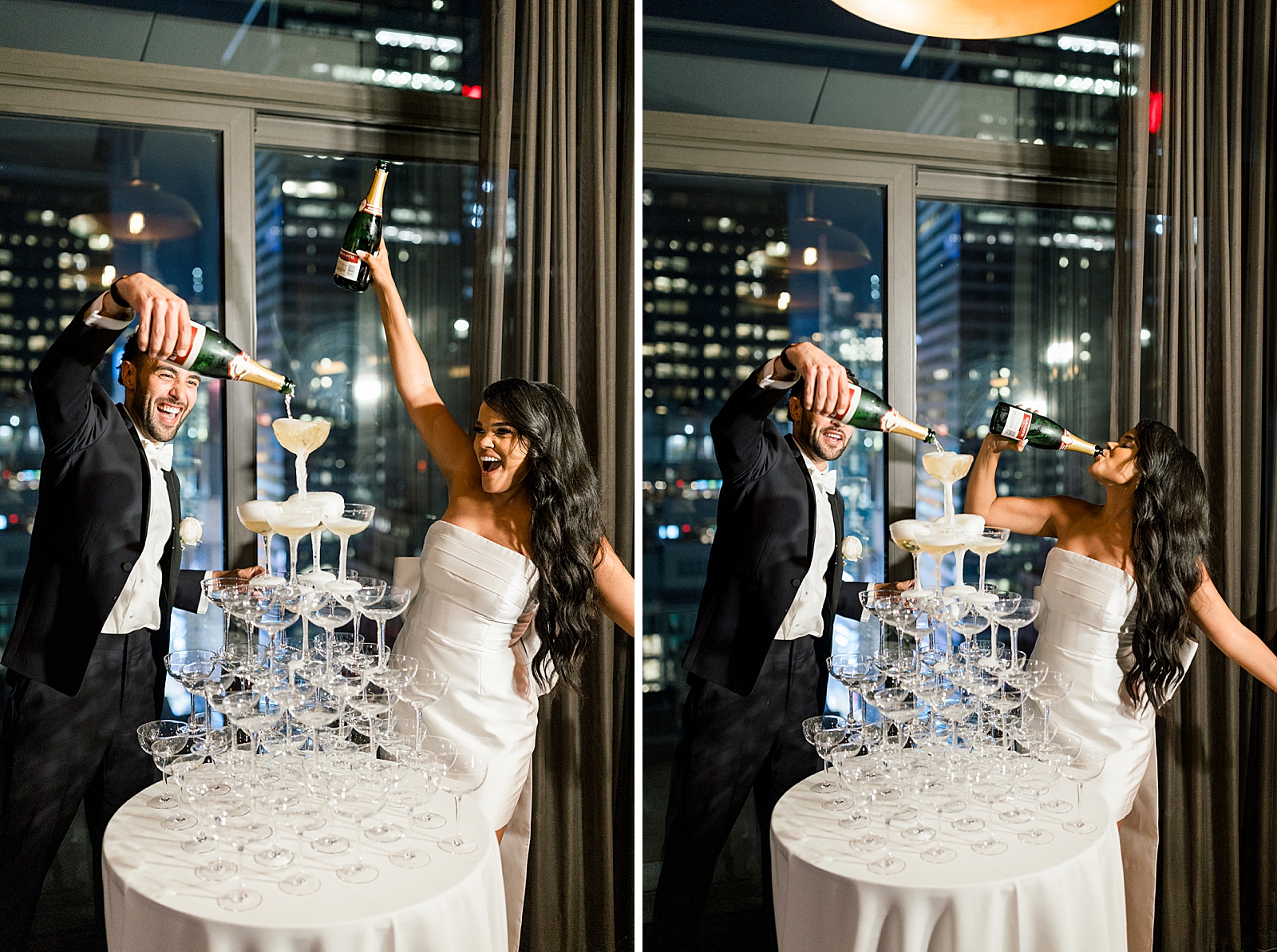 Bride and Groom pouring Champaign down wine glass pyramid for fountain