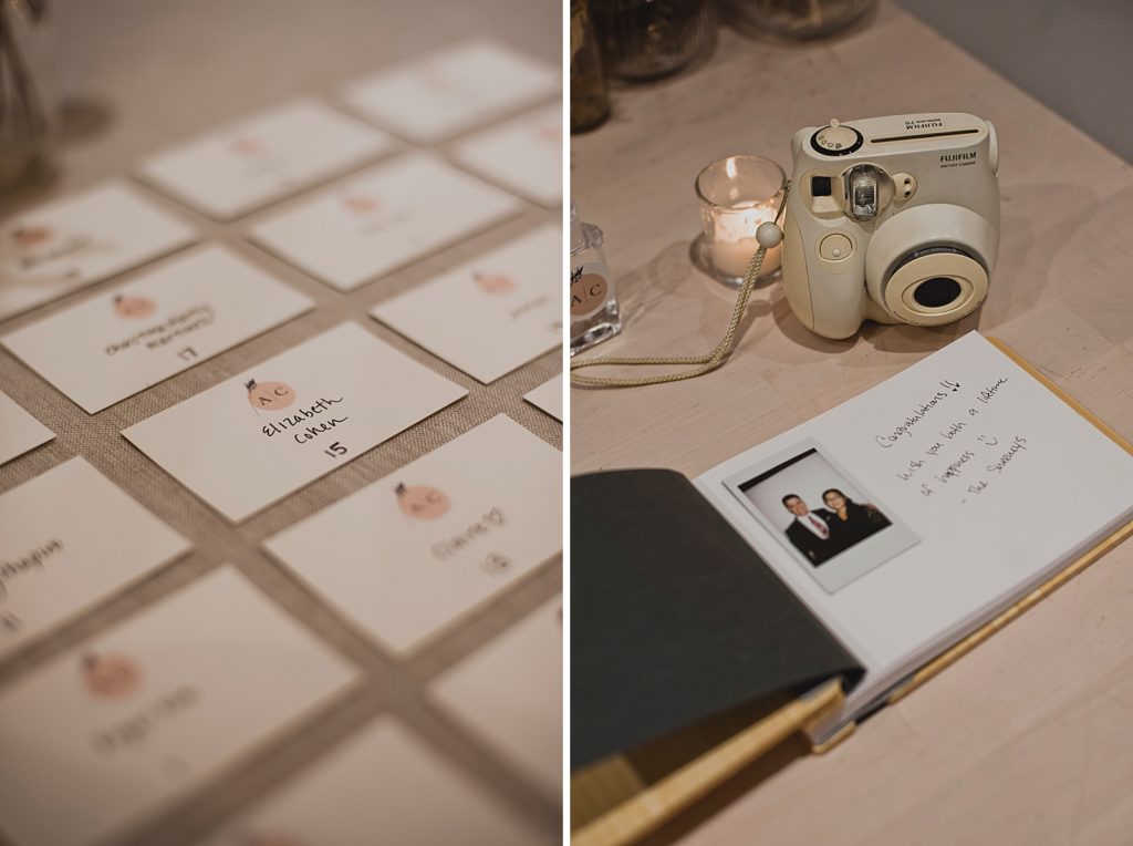 Closeup detail shot of seating numbers for guests and Polaroid picture book