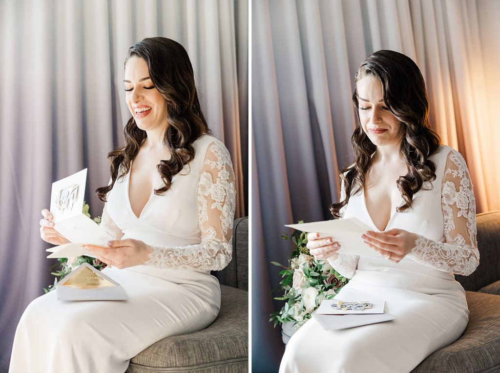 Bride reading letter from Groom after getting ready with emotional response