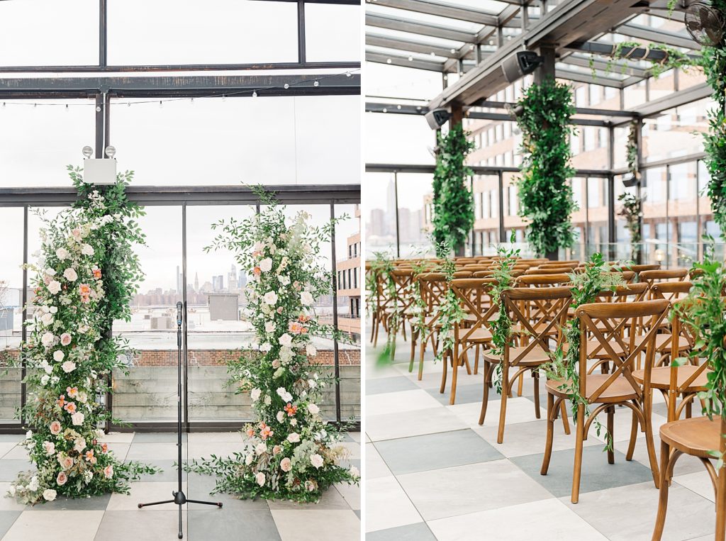 Detail shot of Ceremony with Manhattan view behind and greenery and flowers and wooden chairs