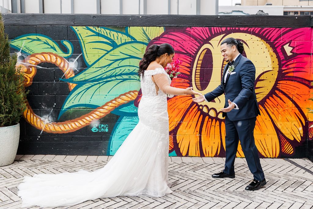Bride and Groom's first look reaction with graffiti Brooklyn wall