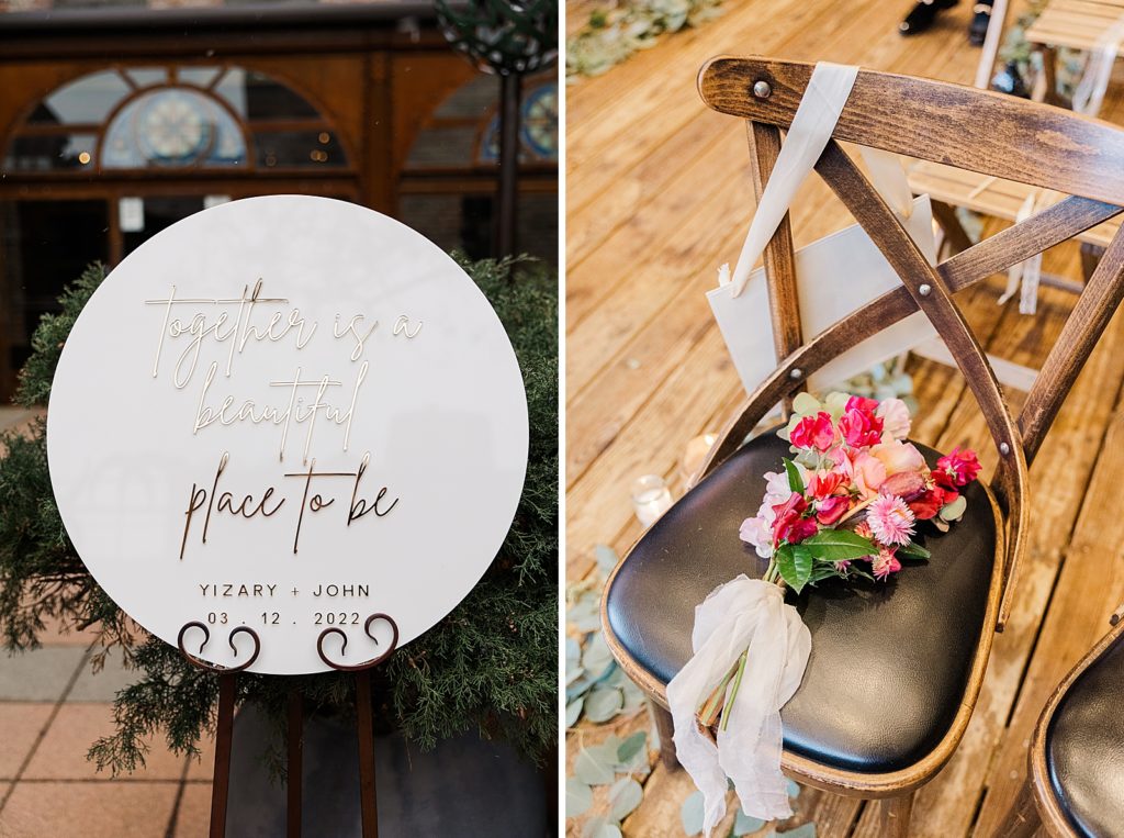 Detail shot of entrance sign and pink bouquet on Ceremony chair