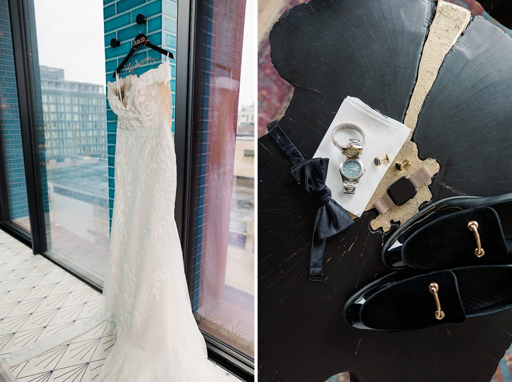 Detail shot of wedding dress hanging outside and table with bowtie watches apple watch and shoes