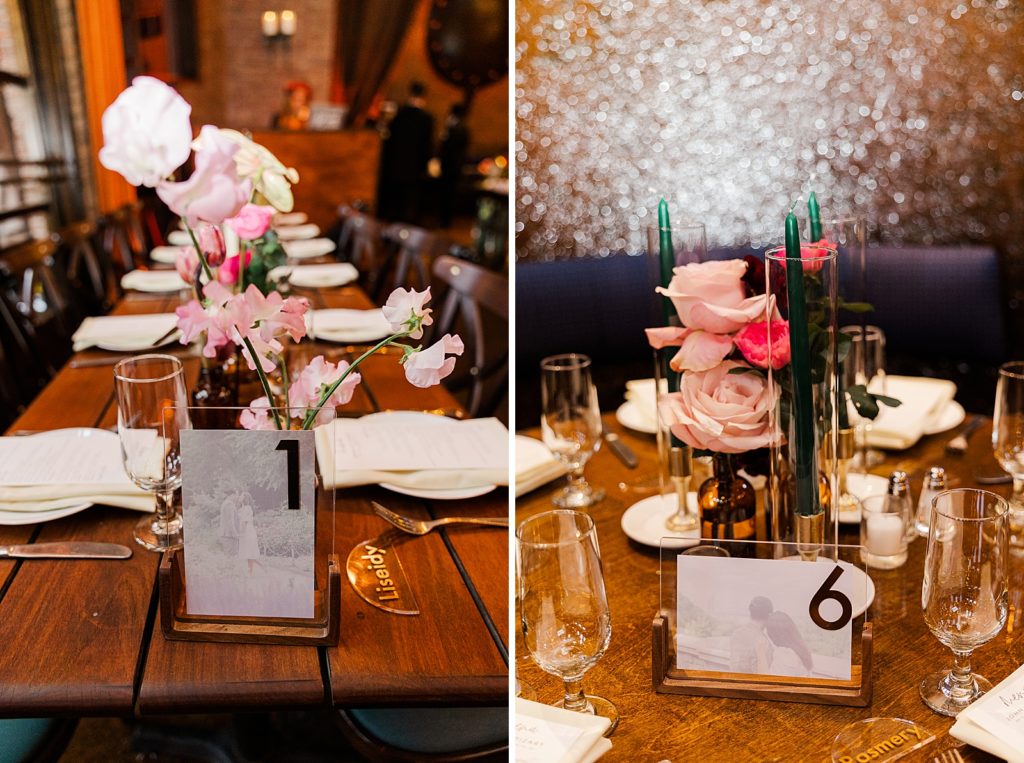 Detail shot of Reception table with pink floral centerpieces and table numbers