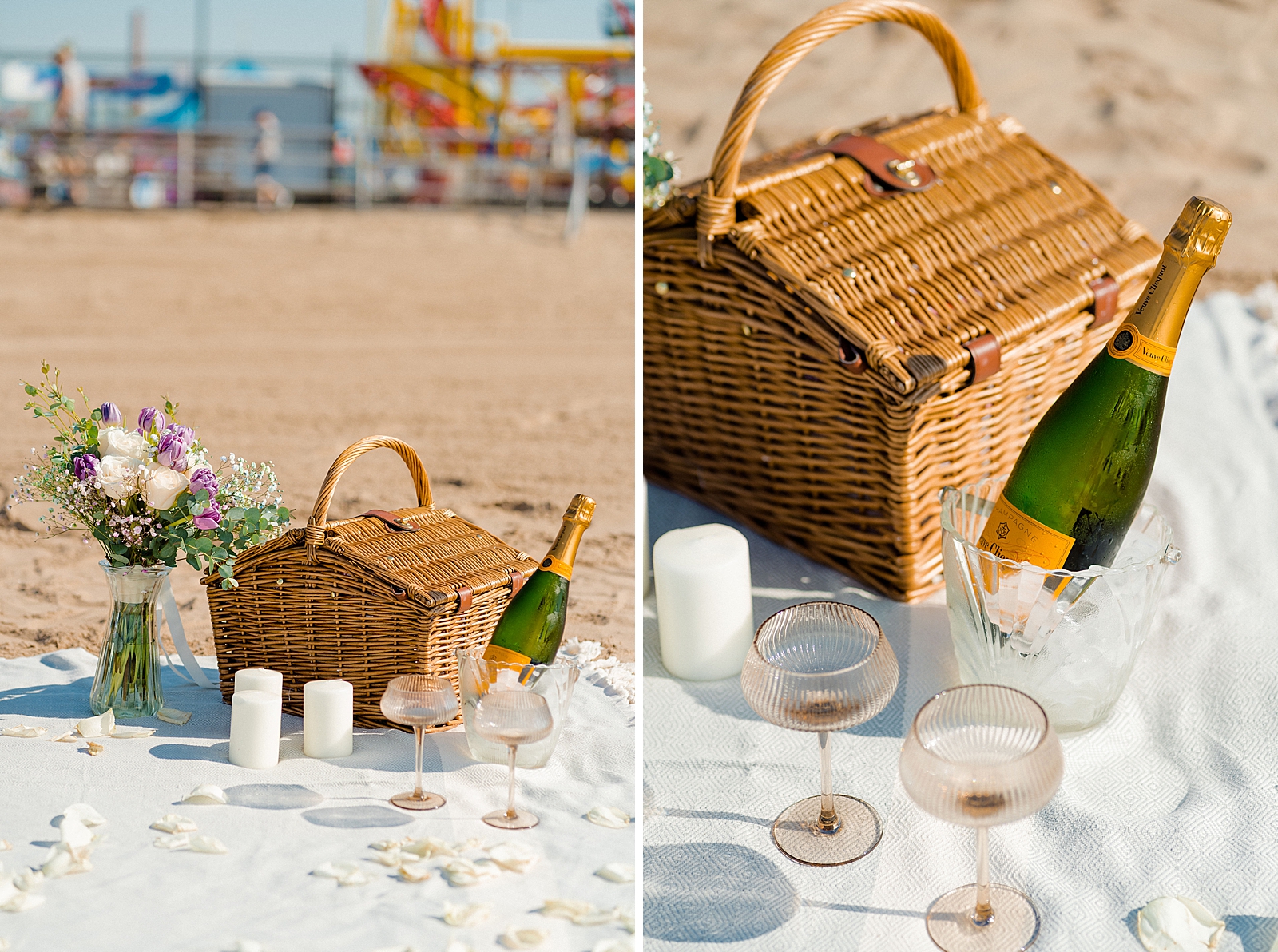 beach picnic proposal set up with picnic basket, veuve clicquot champagne. glasses, and candles