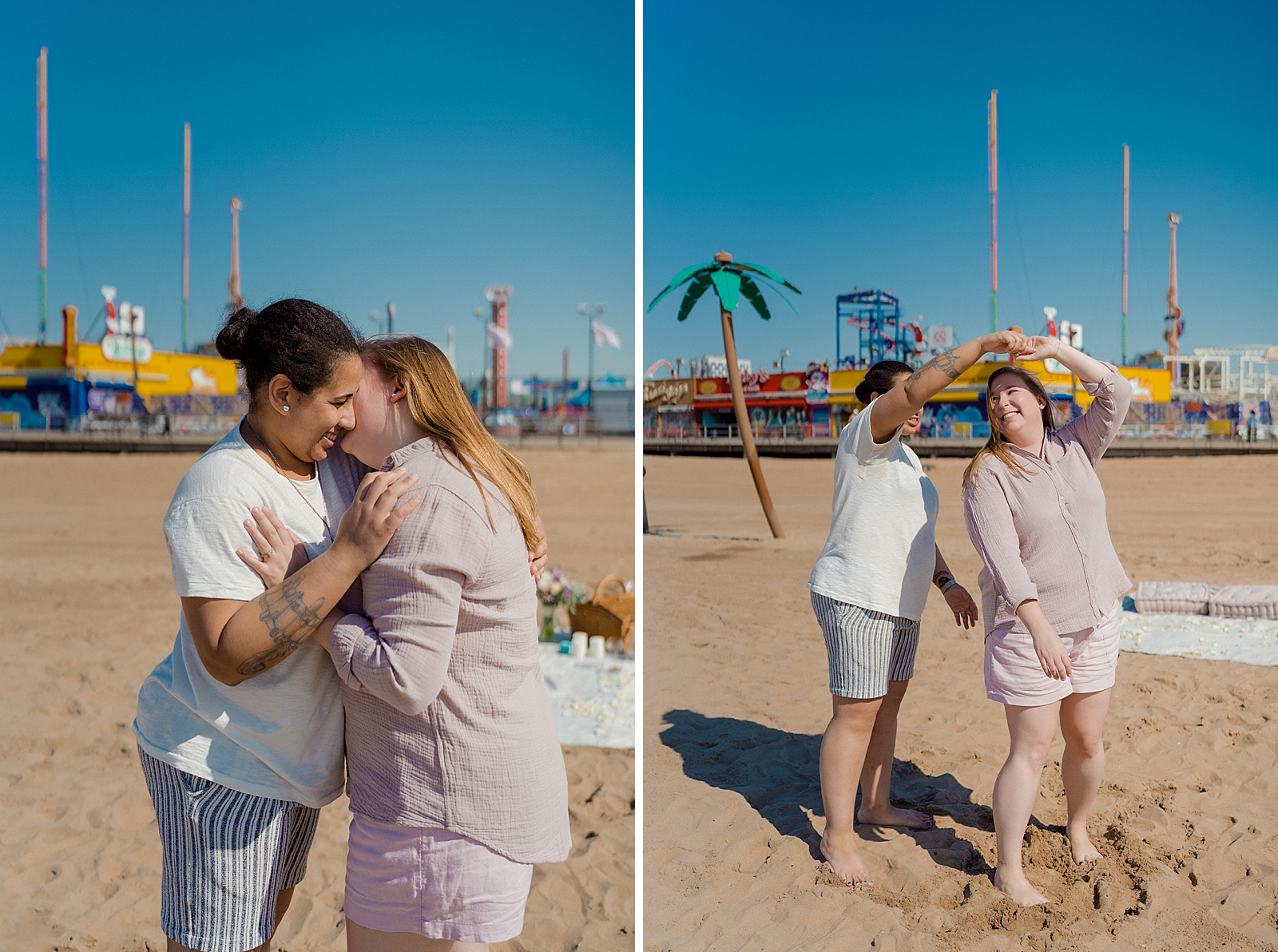 two women dancing on beach  proposal on coney island