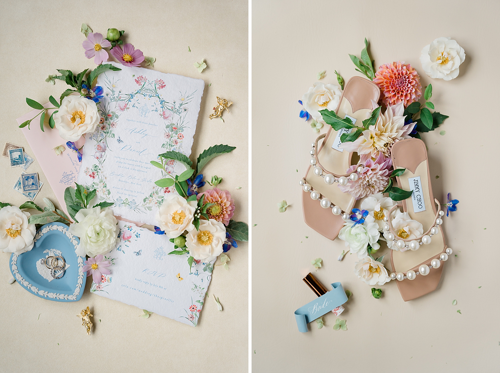 Left photo: Wedding details including invitations, rings, and flowers.
Right photo: Shot of the Bride's Jimmy Choo heels surrounded by flowers.