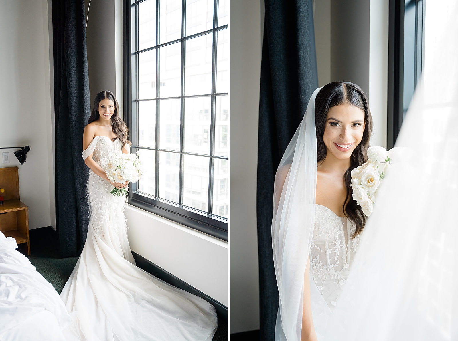Left photo: Full body shot of the bride in her wedding gown and holding her bouquet. 
Right photo: Upper body shot of the bride in her wedding gown smiling for the camera.
