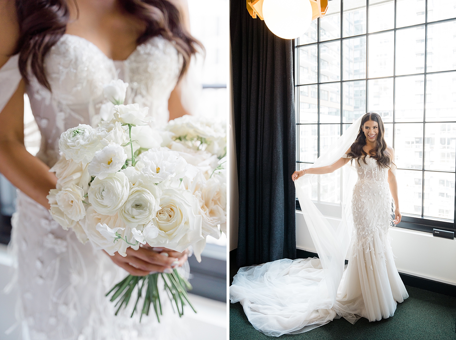 Left photo: Close up shot of the bride holding her bouquet. 
Right photo: The bride smiling as she shows off her wedding gown. 