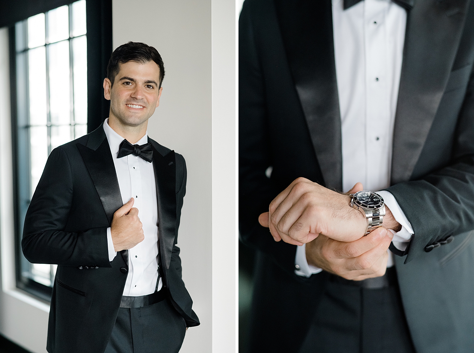 Left photo: Upper body shot of the groom smiling in his tux. 
Right photo: Close up shot of the groom's wrist and watch. 