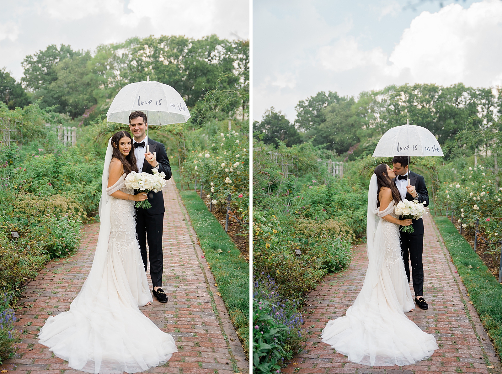 Left photo: Full body shot of the bride and groom posing in a garden while the groom holds an umbrella.
Right photo: Full body shot of the bride and groom kissing in a garden while the groom holds an umbrella. 