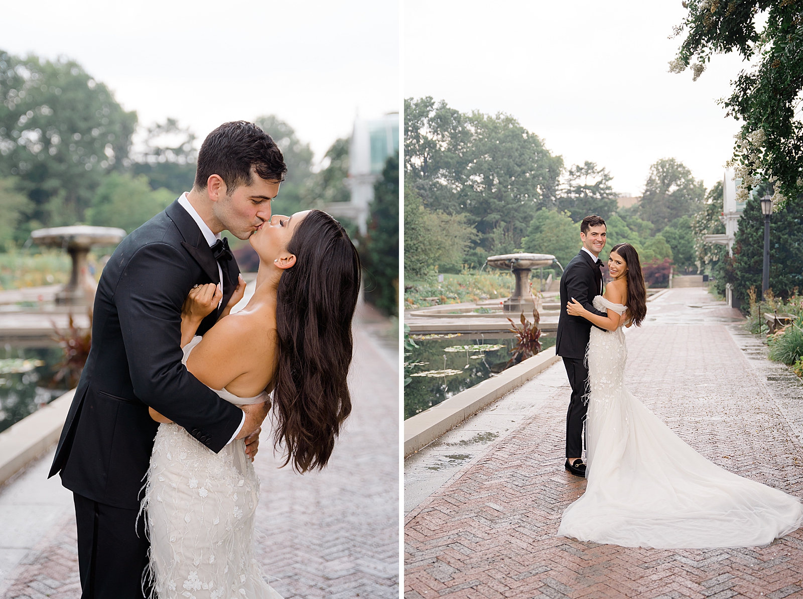 Left photo: The bride and groom share a kiss in front of a pond and fountain.
Right photo: Full body shot of the bride and groom embracing in front of a pond and fountain.