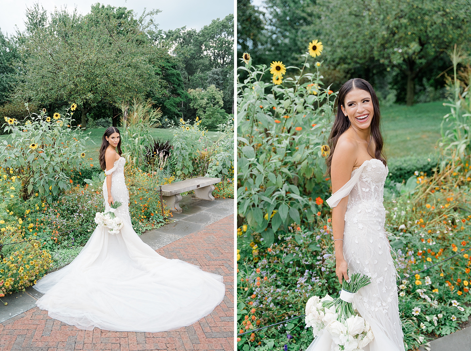 Left photo: Full body shot of the bride posing in her wedding gown with her bouquet in front of flowers.
Right photo: The bride is all smiles as she poses in front of flowers. 