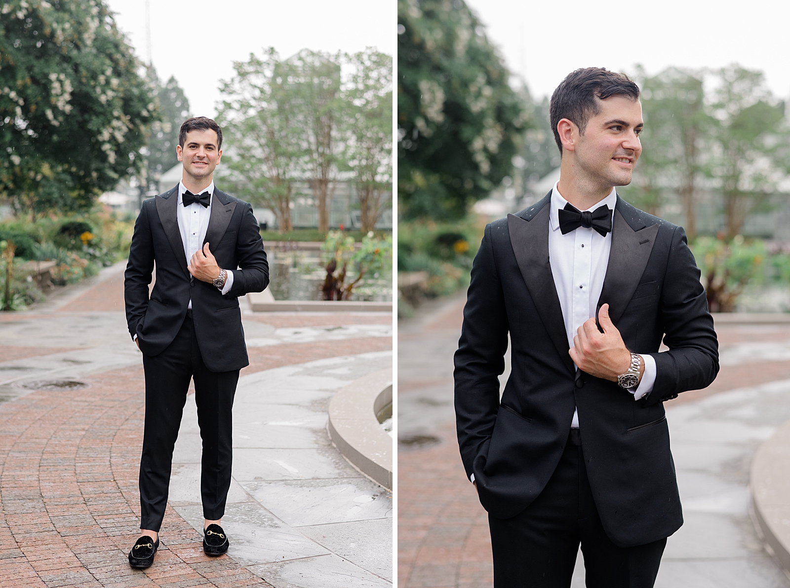 Left photo: Full body shot of the groom smiling for the camera. 
Right photo: Upper body shot of the groom smiling off into the distance.