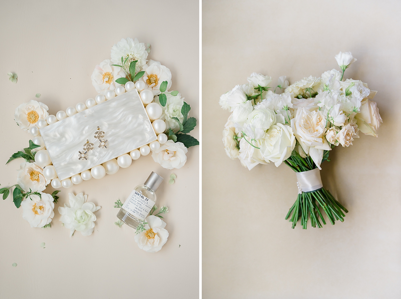 Left photo: Shot of cufflinks surrounded by wedding flowers.
Right photo: Shot of the Bride's bouquet. 