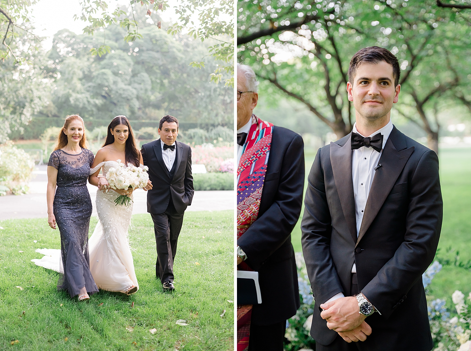 Left photo: The bride and her parents as they walk down the aisle.
Right photo: Shot of the groom watching his bride walk down the aisle.