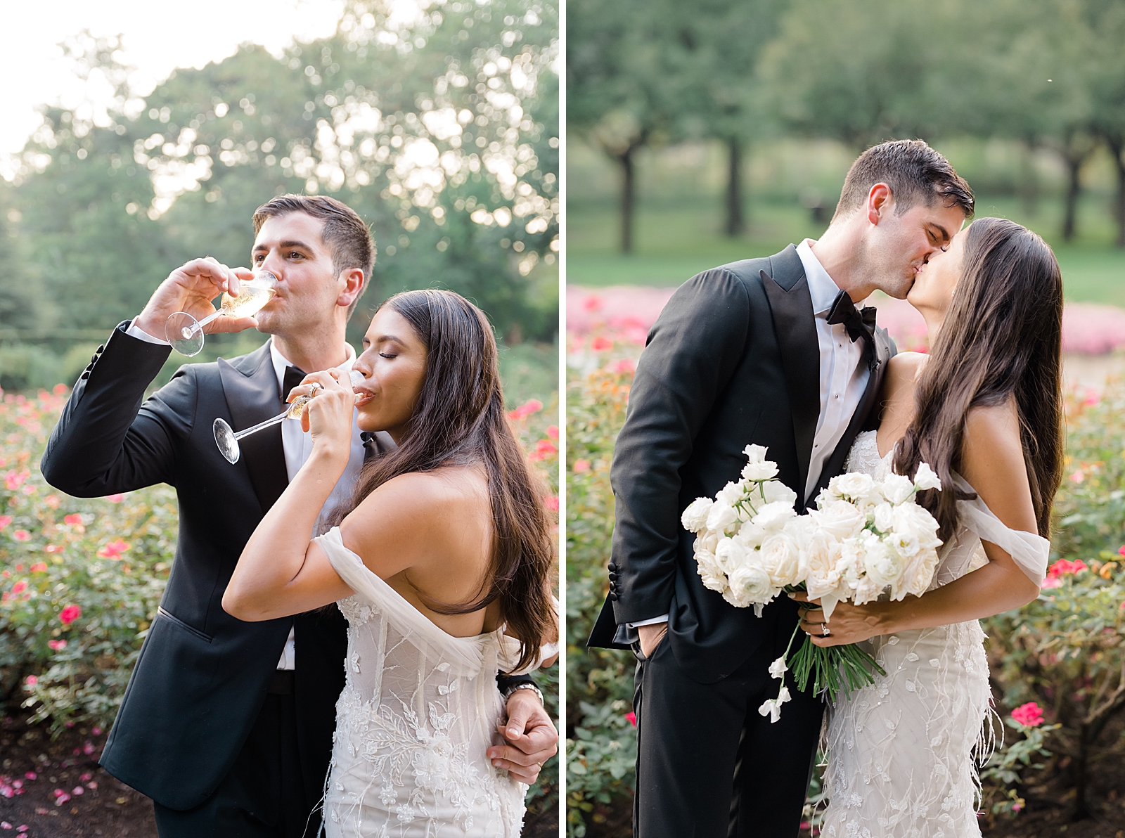 Left photo: Shot of the bride and groom enjoying champagne as they embrace. 
Right photo: Shot of the bride and groom sharing a kiss. 