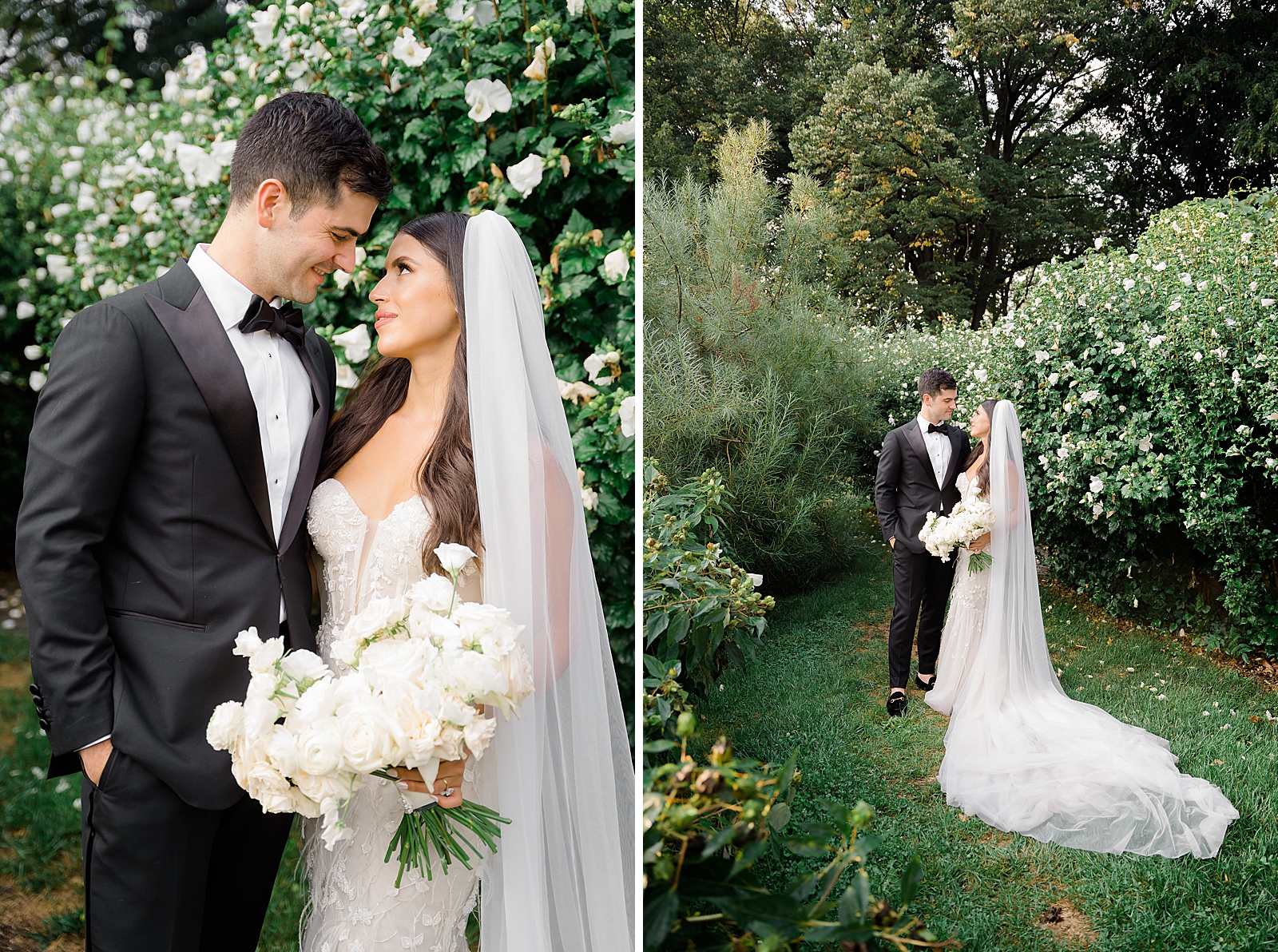 Left photo: Shot of the bride and groom smiling as they stare into each other's eyes. 
Right photo: Full body shot of the bride and groom smiling at each other next to a flower bush. 