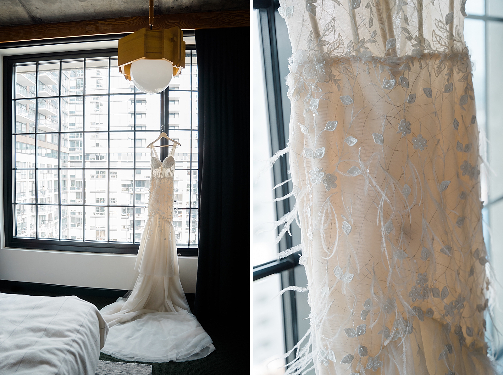 Left photo: Bride's wedding gown hanging in front of a window.
Right photo: Close up of bride's wedding gown. 