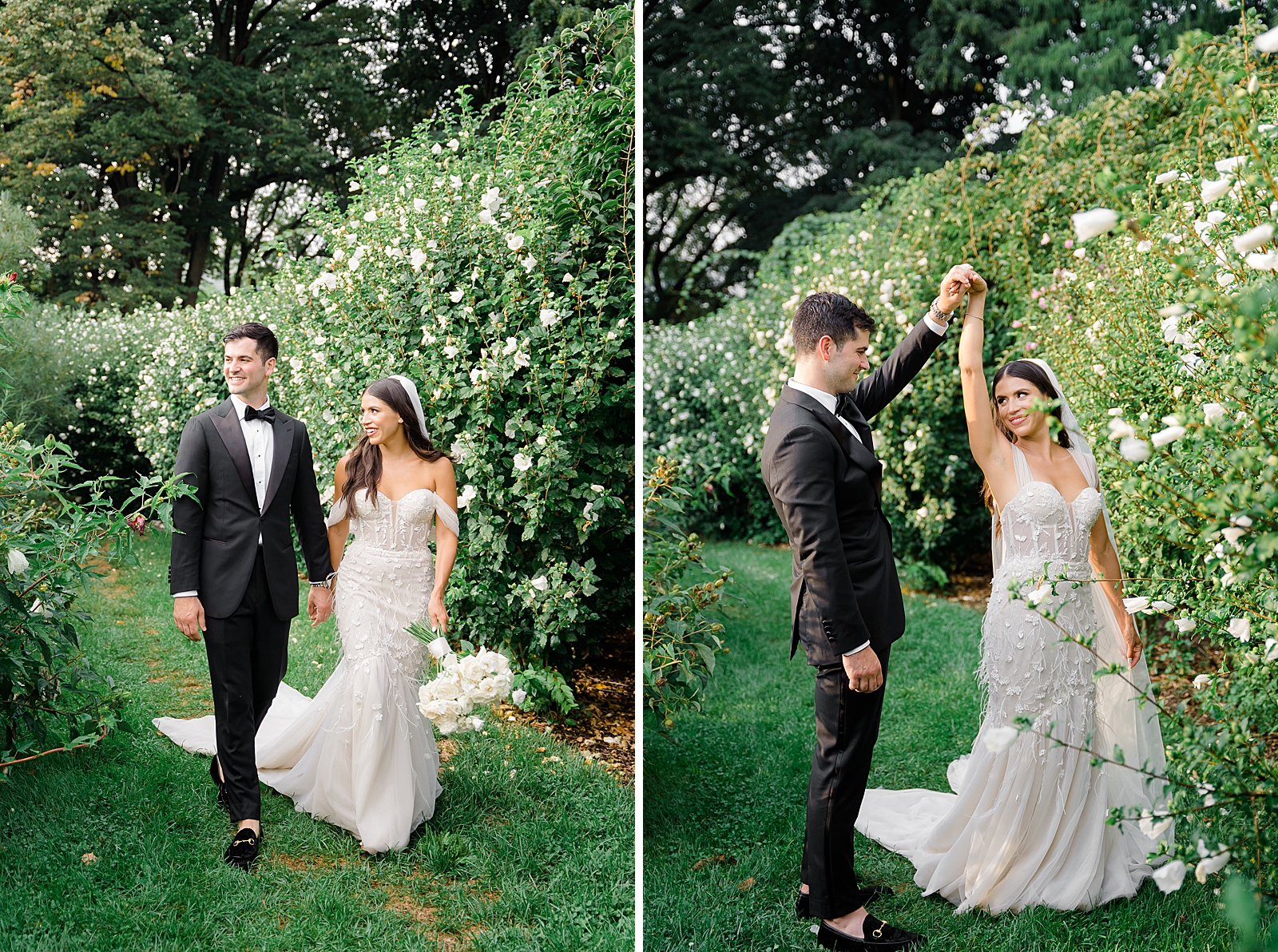 Left photo: Full body shot of the bride and groom holding hands in front of a flower bush. 
Right photo: Full body shot of the groom spinning his bride in front of a flower bush. 